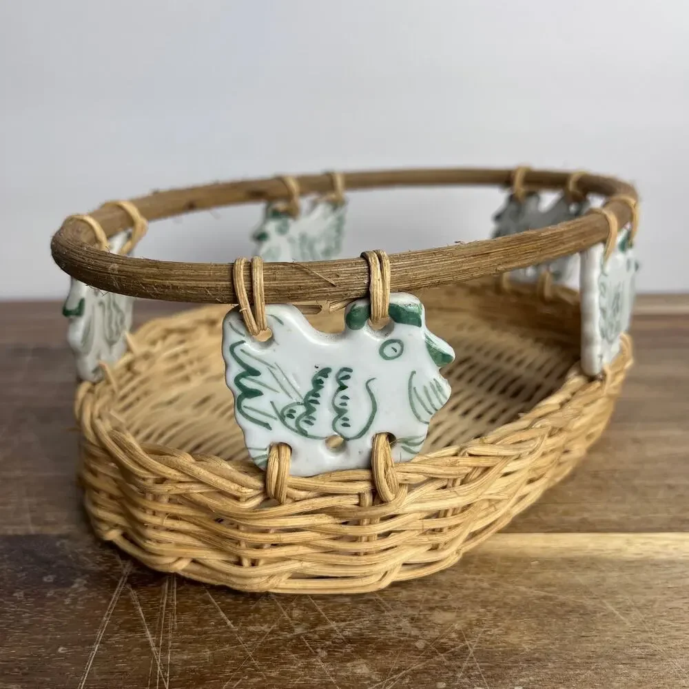 Vintage Wicker Basket w/ White & Sage Green Ceramic Chicken Accents Farmhouse